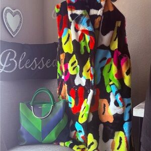 Colorful Faux Fur Coat and Green Chevron Tote